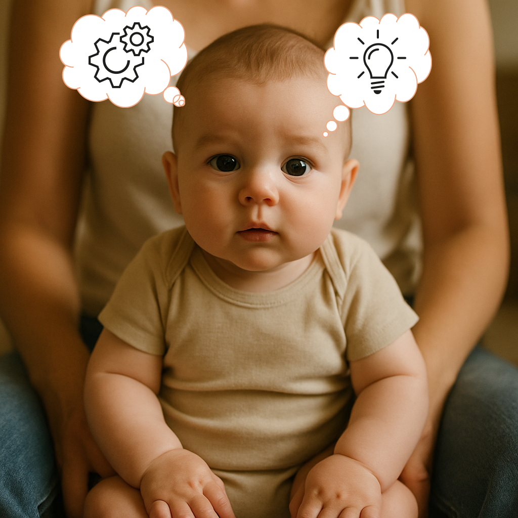 Photo d'un bébé avec bulles de pensées