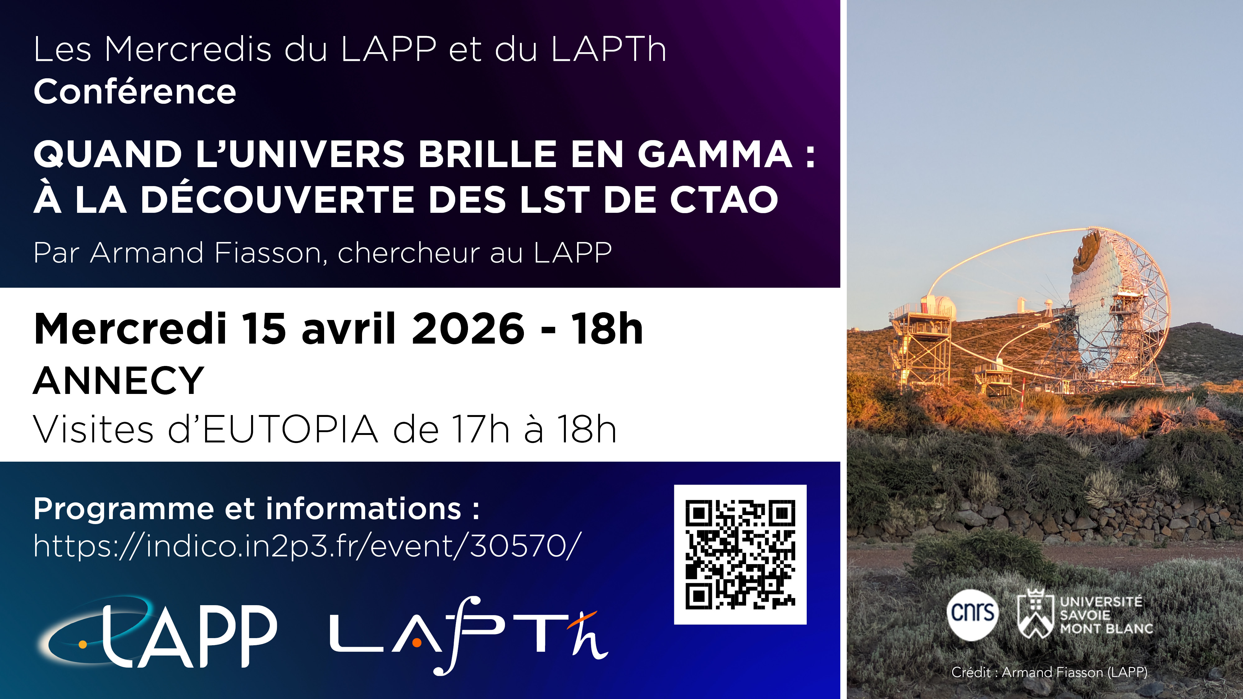 Affiche de la conférence Quand l'univers brille en gamma : à la découverte des LST de CTAO