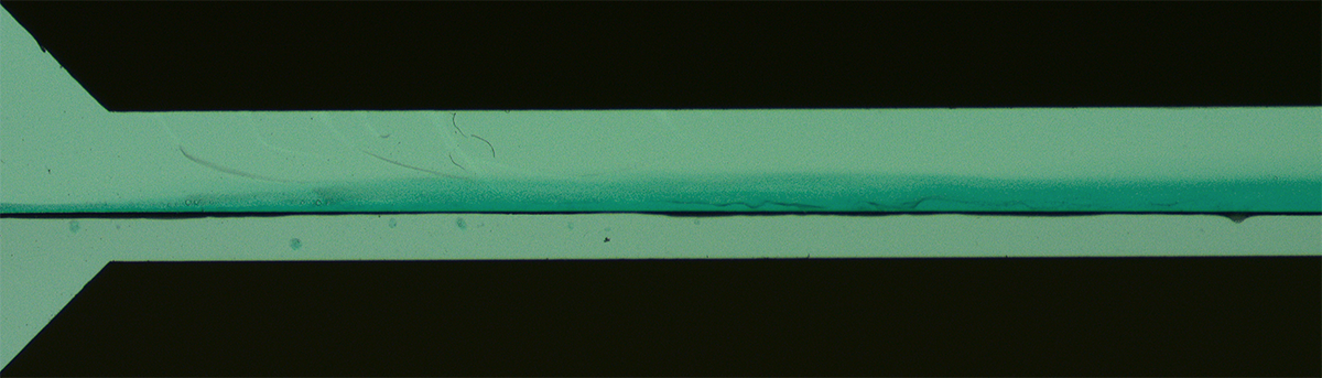 Écoulement biphasique le long d'un canal : on observe le transfert des ions de la phase basse vers la phase haute dans le premier tiers environ