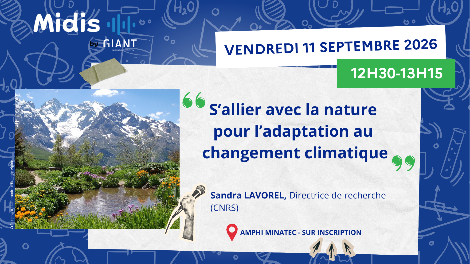 Affiche de la conférence Midis by Giant intitulée s'allier avec la nature pour l'adaptation au changement climatique présentée par Sandra Lavorel, chercheuse CNRS au LECA, le 11 septembre 2026 à 12h30 à Minatec Grenoble.